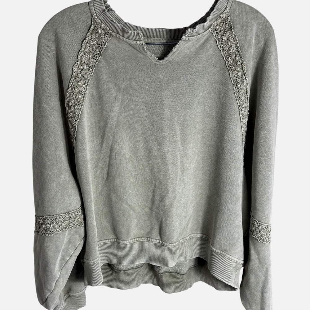 Aerie Olive Green Acid Wash Crochet Lace Trim Sweatshirt Small Notch Neck Boho